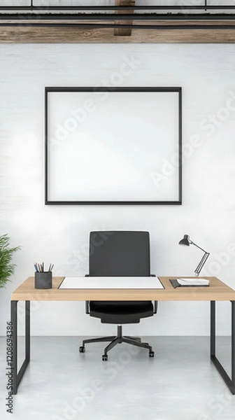 Fototapeta Modern office interior design features a desk, chair, lamp, and blank frame for mockup placement.