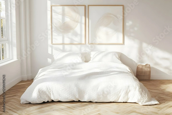 Fototapeta Minimalist Bedroom Interior Illustrates Comfort with White Bedding, Wood Floors, and Abstract Art