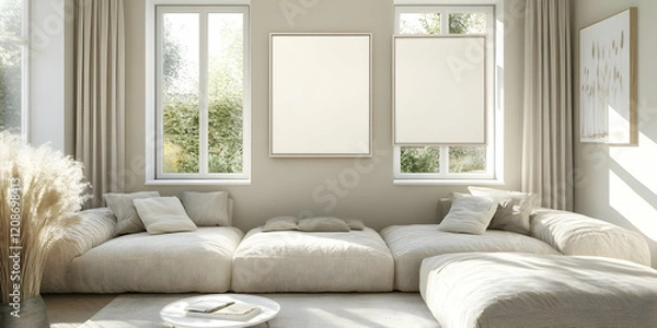 Fototapeta Modern living room interior features a comfy sectional sofa and two blank picture frames elegantly positioned above it.