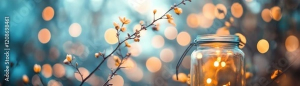 Fototapeta A glowing jar amidst branches, symbolizing warmth and joy.