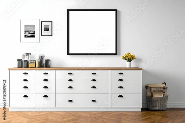 Fototapeta Modern white sideboard with black frame mockup, yellow tulips, and storage jars in a minimalist interior.