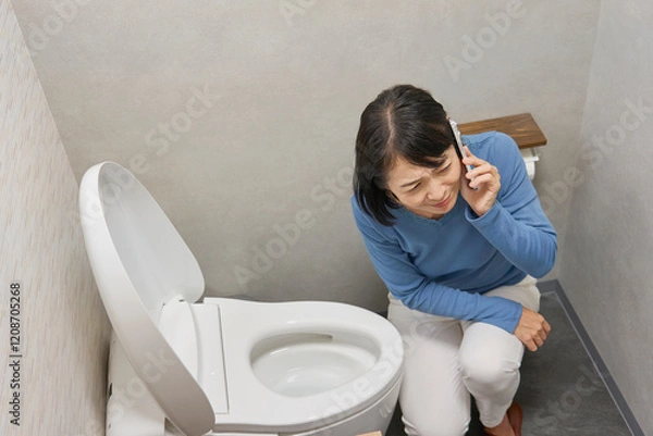 Fototapeta トイレで修理業者に電話をする女性