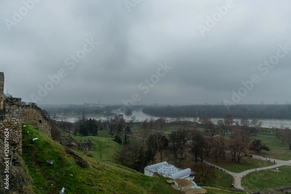 Obraz Scenic aerial vista of the Danube and Sava confluence viewed from the Belgrade Fortress in winter, Serbia