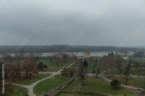 Obraz Scenic aerial Kalemegdan park vista with the confluence of Danube and Sava rivers in the background, Belgrade, Serbia