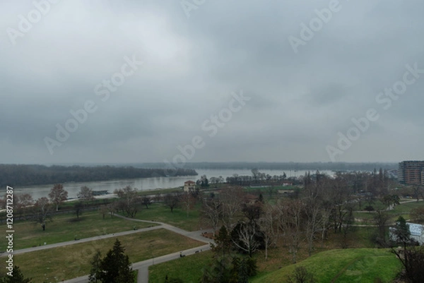 Obraz Scenic aerial Kalemegdan park vista with the confluence of Danube and Sava rivers in the background, Belgrade, Serbia