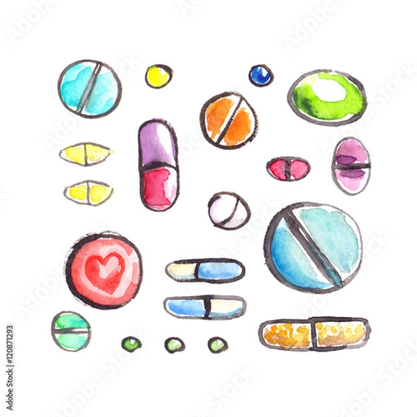Fototapeta Collection of colorful pills painted in watercolor on clean white background