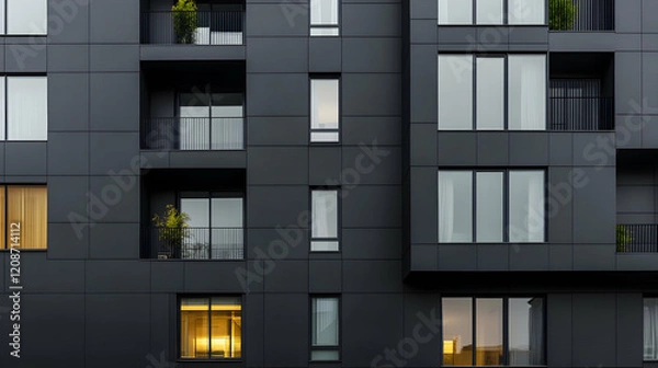 Fototapeta Modern apartment building facade, city, evening, illuminated windows, architectural detail, real estate