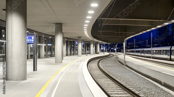 Fototapeta Modern train station platform at night, sleek design, departing train in background, ideal for travel and transport imagery
