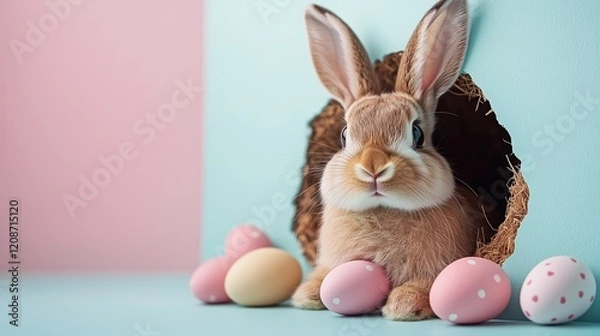 Fototapeta Cute adorable bunny peeking through a hole surrounded by pastel Easter eggs, perfect for festive and springtime celebrations...