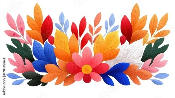 Fototapeta Vibrant Floral Arrangement with Colorful Leaves and Petals Featuring Various Shapes and Textures Ideal for Decorative or Artistic Backgrounds