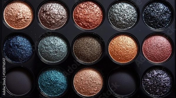 Fototapeta A macro shot of a colorful eye shadow palette with metallic shades and textures