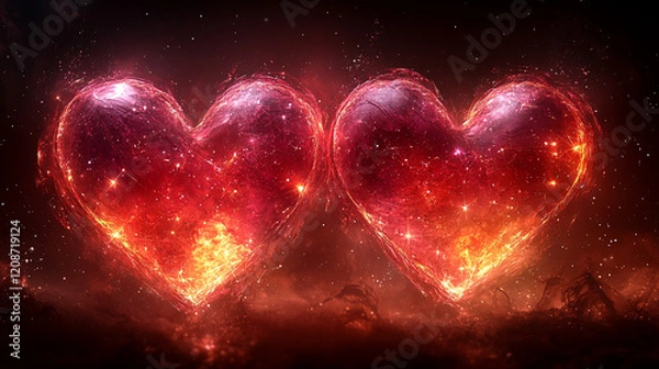 Fototapeta Celestial hearts connect constellations in a night sky of fate and destiny representing relationships with a minimalistic bright tone and blurred empty space evoking a sense of chaos and destiny