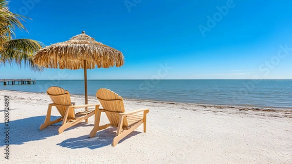 Fototapeta Relaxing beach chairs under a thatched umbrella, tranquil ocean view, sunny day, perfect for travel brochures