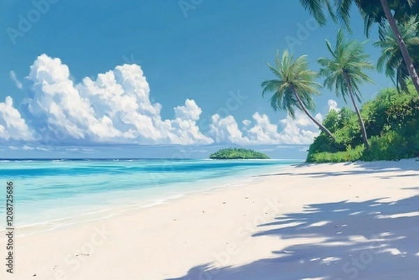 Fototapeta Idyllic tropical beach scene with palm trees, white sand, turquoise water, and fluffy clouds under a bright sunny sky.