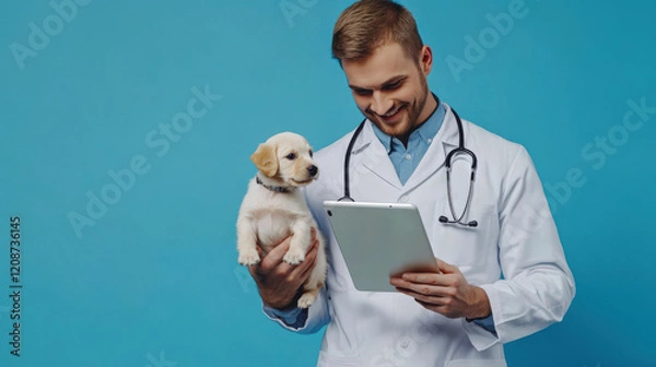 Obraz A cheerful young man in a white lab coat holds a small dog in his arms and looks at the test results on a tablet. A feeling of warmth and care. Veterinarian's Day. Online consultation