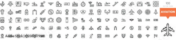 Fototapeta Collection of aviation-themed line icons showcasing various related symbols.