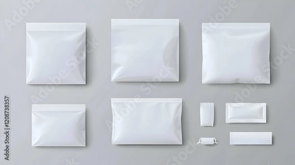 Fototapeta Various sizes of blank white packaging pouches on a gray background; ideal for mockup designs