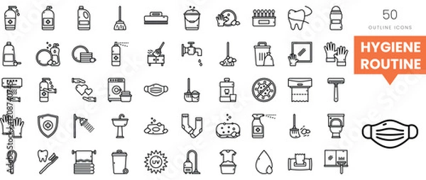 Fototapeta A collection of hygiene routine outline icons showcasing cleaning and personal care items.