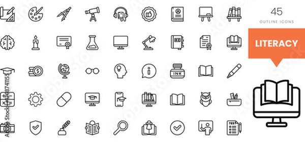 Fototapeta Set of outline icons representing various literacy concepts and tools.