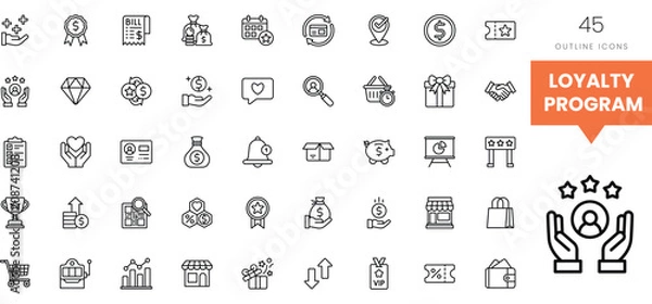 Obraz Set of outline icons representing loyalty program concepts and rewards.