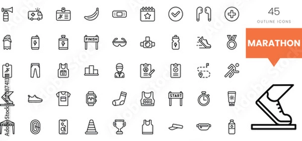 Fototapeta A collection of 45 marathon-related outline icons showcasing various race elements.