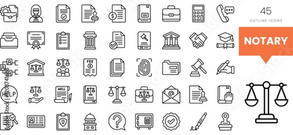 Fototapeta Set of 45 outline icons representing notary services and legal documentation.