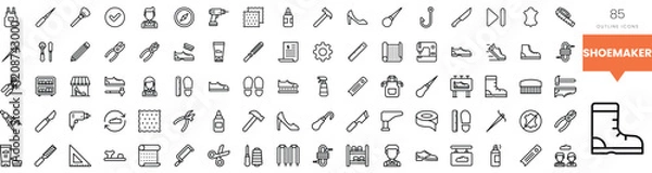 Fototapeta Collection of shoemaking tools and accessories in minimalist outline style.