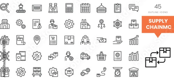 Fototapeta A collection of black outline icons representing supply chain management concepts.