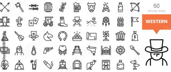 Fototapeta A collection of Western-themed outline icons featuring various symbols and objects.