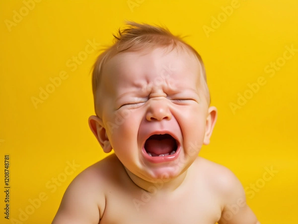 Obraz Crying baby infant against colored background	
