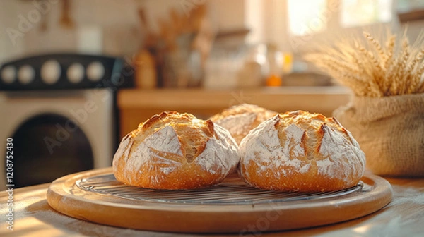 Fototapeta Freshly baked artisanal bread loaves cooling on rack with an oven, sack of flour and wheat stalks in the background bright minimalistic modern tone with blurred empty space for captions

