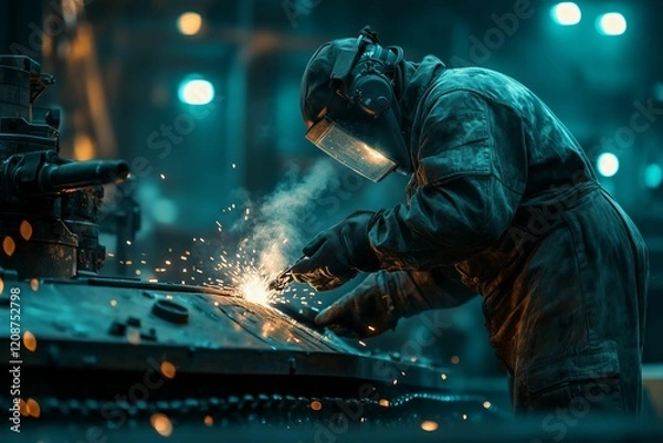 Fototapeta A worker focuses on welding metal with sparks flying in a dimly lit industrial environment. The scene captures the intense atmosphere of evening work, highlighting safety gear