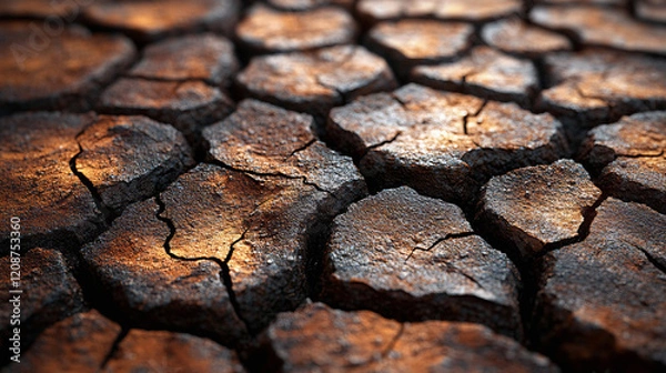 Fototapeta Close-up of dry cracked soil with warm brown tones and natural organic patterns.