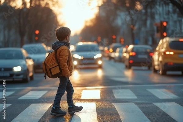 Fototapeta A young boy walks confidently across a busy crosswalk in a city, surrounded by cars. The warm glow of the sunset casts a golden light, creating a peaceful yet busy atmosphere