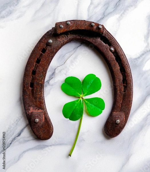 Obraz Horseshoe with four-leaf clover for good luck. Photo of a damaged horseshoe, superstition for good luck. Photo of a damaged horseshoe, superstition for good luck. Background illustrated, collage.