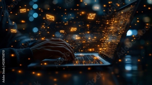 Fototapeta Nighttime email correspondence, city backdrop