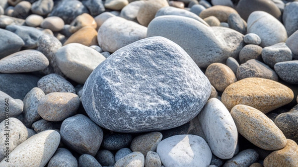 Fototapeta Smooth stones scattered on a sunlit beach reveal nature's artistry and texture