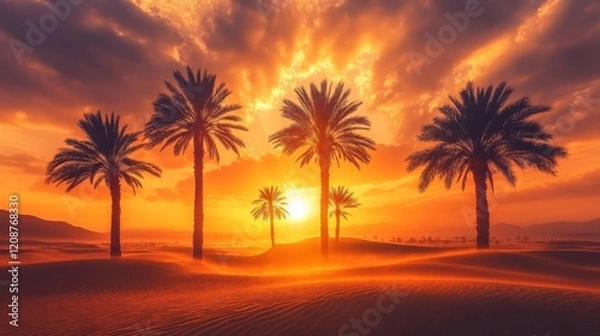 Fototapeta Desert Sunset Palm Trees Silhouette Scenic Vista