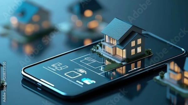 Fototapeta A smartphone displays a miniature house, symbolizing real estate and technology integration in modern home management.