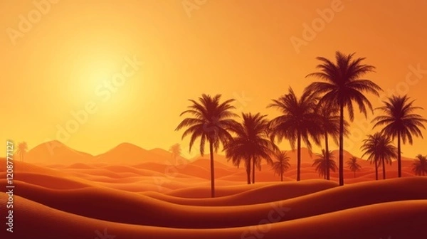Fototapeta Desert Sunset Palm Trees Silhouetted Against Orange Sky