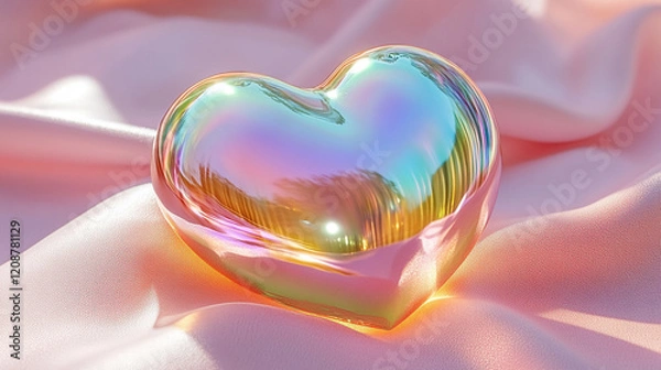 Fototapeta A heart fluid holographic 3D render icon isolated on a minimalistic bright-toned background with blurred space on the side representing modern symbolism of love, emotion, and digital transformation.

