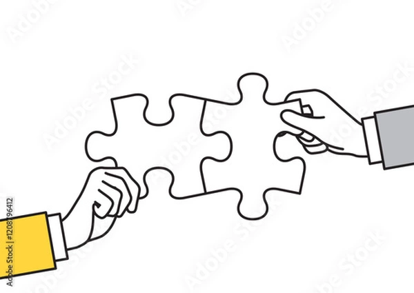 Obraz ビジネスにおけるコラボレーションやチームワークのイメージイラスト　パズルを持つ人　線画