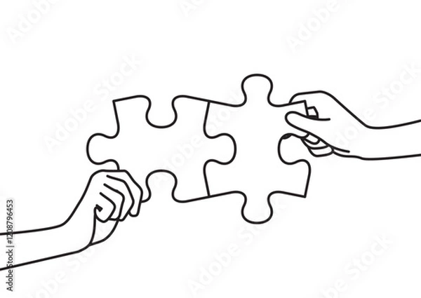 Fototapeta コラボレーションやチームワークのイメージイラスト　パズルを持つ人　線画