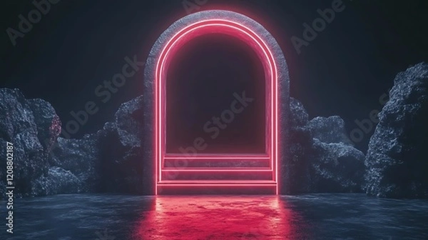 Fototapeta Neon Archway Steps Between Dark Rocks