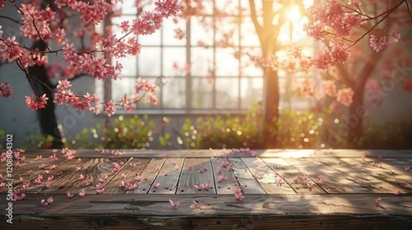 Obraz Empty top wooden table and sakura flower