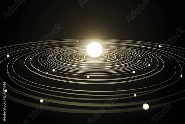 Fototapeta 3D solar system animation, black background, sun in the center and planets orbiting around it