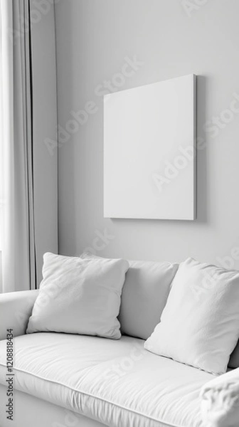 Fototapeta Blank photo frame mockup mounting on white wall with white sofa, Blank canvas frame in white living room with couch