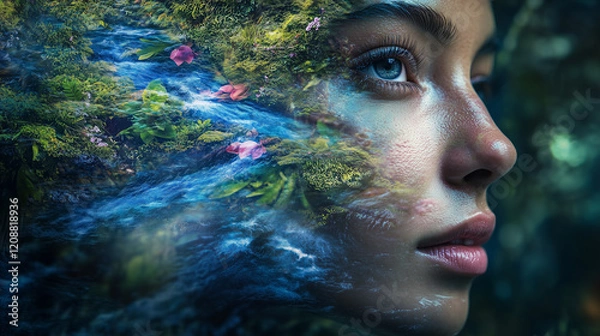 Fototapeta woman face merges with serene waterfall, expressing sense of tranquility and connection with nature