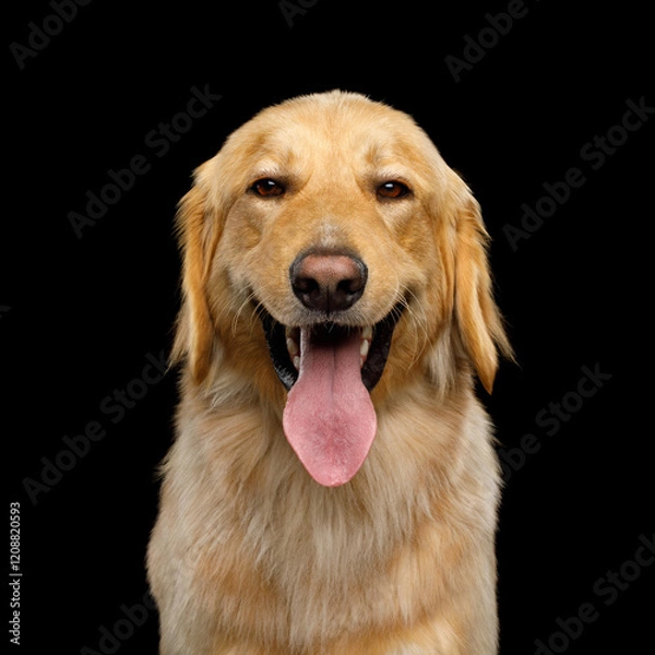 Fototapeta Portrait of Hovawart Dog with sly look Isolated on Black background, front view