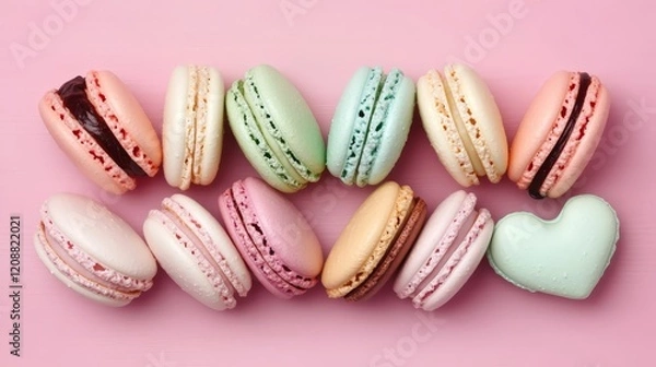 Fototapeta Colorful Macarons in Rows on Pink Background Perfect for Sweet Treat Themes